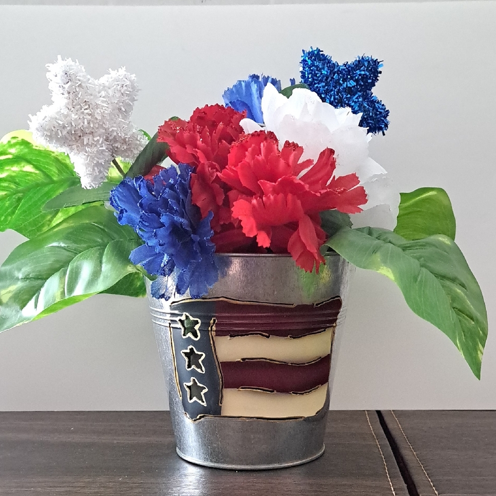 Patriotic Faux Floral Arrangement in Metal Flag Bucket - Red, White & Blue